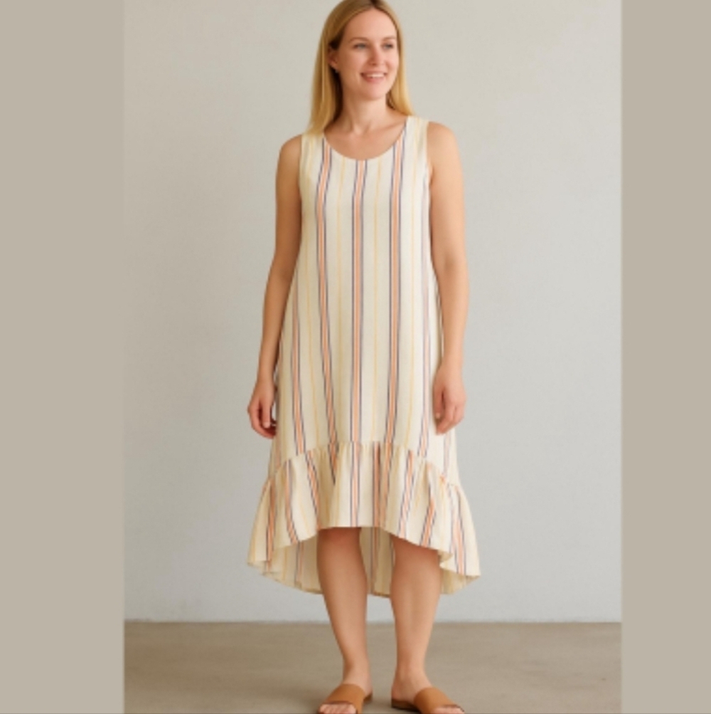 Sleeveless High-Low Striped Midi Dress in Cream